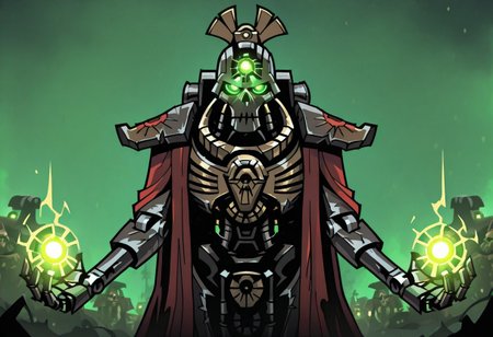 masterpiece, best quality, <break> , solo, 1other, (((necron))), (((glowing))), (((robot))), (((green eyes))), ((warhammer 40000))), 
 looking at viewer, standing, 
(((vanripper))), 
<lora:VanripperIllustriousXL_byKonan:1>