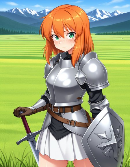 (3nnu1),  <lora:1_illu_ennui_18e:1>, 1girl, armor, sword and shield, skirt, freckles, orange hair, medium hair, green eyes, field, mountains, (masterpiece, best quality, amazing quality),