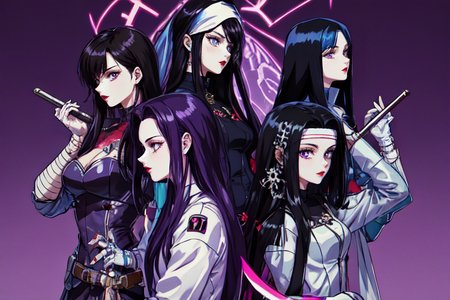 highly insanely detailed, masterpiece, top quality, best quality, highres, 4k, 8k, RAW photo, (very aesthetic, beautiful and aesthetic),  
beth_\(megami_tensei\),bethsmtii,shin megami tensei ii,long hair,black hair,straight hair,sleek black,jewelry,cross,headband,red_lipstick,white footwear,katana,sword,Tokyo_Millennium,post-apocalyptic_city,dystopian_world, 
<lora:zs_Beth:0.3>, 
(1girl:1.3), 1other, 
(pure purple background,transparent background:1.2),âââ