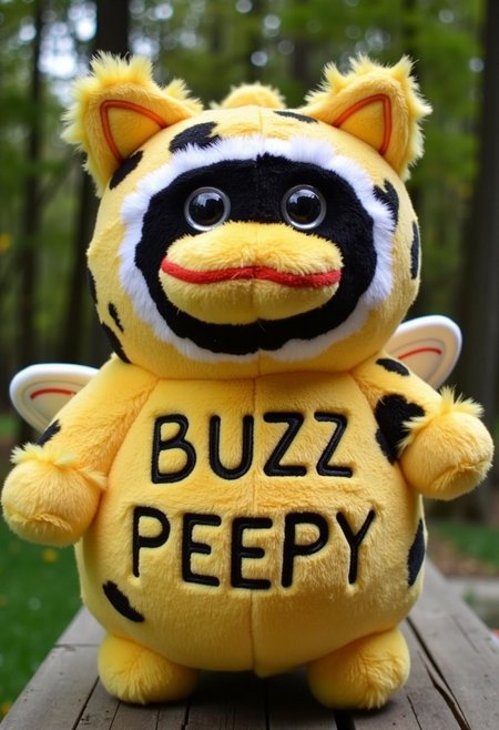 a fat bearded PEEPY wearing a bumble bee colored tank top with his stomach hanging out, wearing tiny fairy wings, meticulously crafted with magic and fairy dust. Carved into his body are the words, "BUZZ PEEPY"
