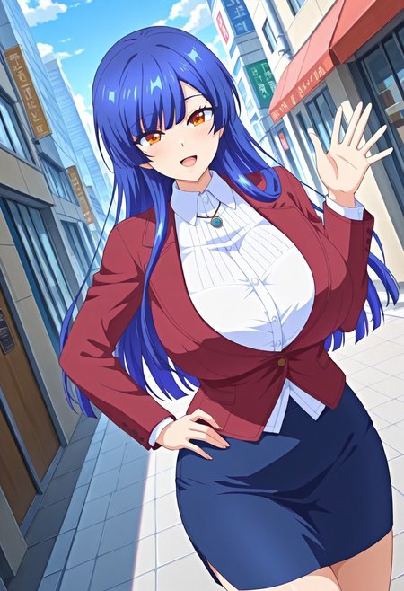 general,highres, ultra-detailed,very aesthetic,best quality ,best hands,best eyes,easynegative,
dynamic anglre, dutch angle, anime cloring,
1girl solo,looking at viewer,smile, open mouth, hand on hip,city,street, waving hand, 
Risako Kashima,blue hair, long_hair, amber eyes, huge_breasts,shirt,skirt, jacket,