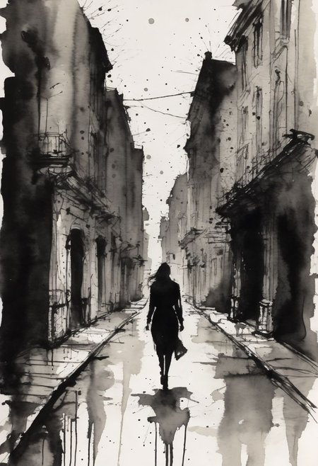 ink illustration, hauntingly beautiful scene of a woman walking through an empty city, color ink splashes, rough ink sketch
