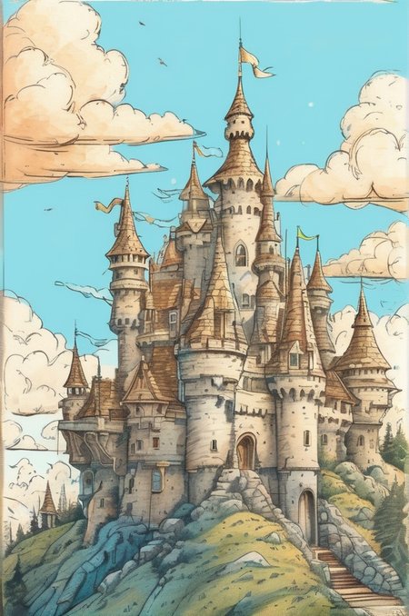 <lora:TQWhimsical Dreams:0.8>,
blue sky, ((low view, from below)), Hand drawn illustration of a castle with detailed schematics of rooms and layout, detailed drawings cross section concept sheet sketch, cloud, cloudy sky, day, fantasy, mountain, no humans, outdoors, scenery, sky, sunset, tower