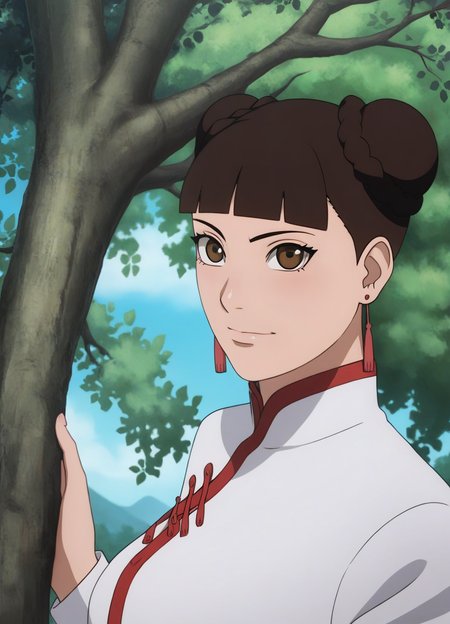 score_9, score_8_up, score_7_up,1girl,tentenXL,brown hair,hair bun,detailed face, masterpiece,best quality, shiny , wearing a white dress,red earrings,tree  branch, <lora:tentenXL:1> looking at viewer,