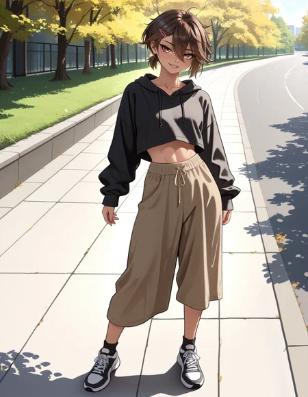 masterpiece, best quality, very aesthetic, absurdres,
outdoors, casual, 
full body, standing, posing, 
 seductive smile, parted lips, long eyelashes,
<lora:Sasha_v01_NAIXL:1>
S4sh4,1girl,solo,tomboy,short hair,brown hair,hairclip,hair between eyes,brown hair,bangs,
