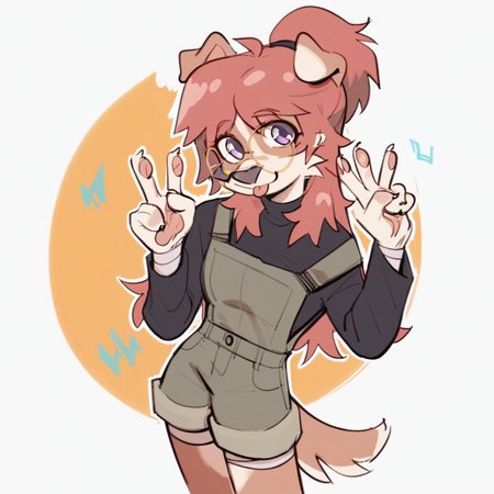 score_9_up, score_8_up, score_7_up, score_6_up, long hair, ponytail, purple eyes, brown fur, round glasses, furry female, dog, female, furry, floppy ears, looking at viewer, solo, smile, happy, gesture, v sign, blep, tongue, three-quarter view, head tilt, overalls, shorts, long sleeves, bandages, standing, tail, simple background, white outline,