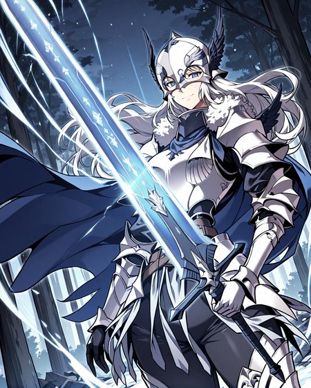 <lora:Artemis__The_Return_of_the_Disaster-Class_Hero__Illustrious:1>
1 girl, solo, blue eyes, long hair, white hair, breaid
knight, white armor, white breastplace, blue cape, white helmet, winged helhelmet, white gauntlets, fur trim, mask, shoulder armor, pauldrons, greaves, full armor, greatsword
score_9, score_8_up, score_7_up, very aesthetic, source_anime, detailed, high quality, beautiful, masterpiece, detailed eyes, forest, tree, ruins, cowboy shot, dynamic angle, upper body, light smile, dynamic pose