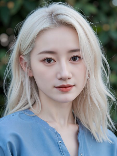 a woman, white hair, blue shirt, light smile, portrait, blurred background