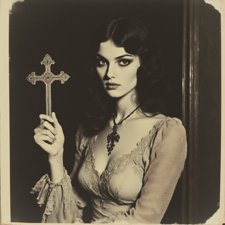 ArsMovieStill, movie still from a 1970s horror movie, The image is a black and white portrait of a young woman holding a cross in her hand. She is wearing a long-sleeved dress with a lace overlay and a necklace with a cross pendant. Her hair is styled in loose waves and falls over her shoulders. She has a serious expression on her face and is looking directly at the camera. The background is blurred making the woman the focal point of the image. The image appears to be a vintage or old-fashioned photograph., 1girl, cross, solo, monochrome, jewelry, necklace, looking at viewer, holding, cross necklace, realistic