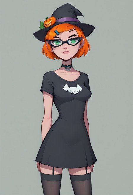 score_9, score_8_up, 1girl, solo, 
Gwen omniverse, 1girl, solo, short hair, hair ornament hairclip, orange hair, green eyes, glasses,
reij-bewitched, black dress, black choker, black platform shoes, black stockings, black hat, pumpkin hatdetail