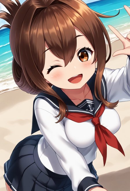score_9,score_8_up,score_7_up,source_anime,anime, (nsfw:1.0), BREAK, 
yapo, 
1girl, inazuma \(kancolle\), (medium breasts), (shortstack:1.2), brown hair, folded ponytail, long hair, brown eyes, (tareme:1.2), 
serafuku, black sailor collar, black mini skirt, long sleeves, neckerchief, sailor collar, 
(smile), small open mouth, wink, 
head tilt, 
(angle:random),  
outdoors, warm light, beach, sunset,