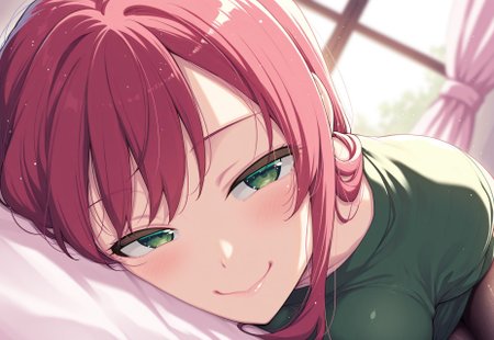safe_pos, (fine fabric emphasis:1.2), (((masterpiece, amazing quality, best quality, ultra-detailed, 8K, illustration, amazing quality, newest, absurdres))), highres, very aesthetic, absurd res, hi res, very awa, dynamic angle, refined, volumetric lighting, blurry background, close up vivid colors, hyper detailed, (dynamic pose:1.4), depth of field, Akino_Sora, 

1girl, solo, kawaii face, skinny, round face, perfect cute face, medium breasts, narrow waist, wide hips, curvy, facing viewer, closeup of face,  seductive look, redhead, green eyes, long hair, green shirt, cowboy shot, lying, on bed, on side, girly bedroom, window, pink curtains,
lying on stomach, from above, (face focus, close-up:1.5), blush, dutch angle, smug,