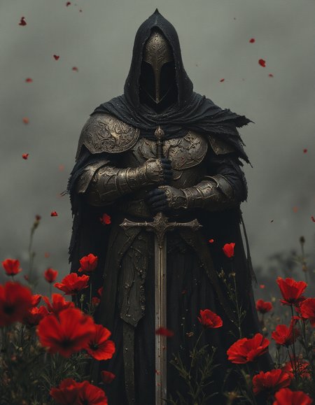 dark fantasy scene featuring a mysterious figure clad in a dark, tattered cloak with a hood obscuring their face. The figure stands solemnly in a field of vibrant red poppies under a hazy, overcast sky. The armor is medieval and ornate, featuring intricate designs and patterns, with subtle hints of rust from age or battle. The figureâs posture is upright yet relaxed, with one hand resting on the pommel of an imposing sword that is thrust into the ground before them. Flecks of red, possibly petals or blood droplets, are suspended in the air around the figure, adding to the somber yet striking atmosphere, <lora:flux.1_lora_flyway_Epic-detail_v2:1>, <lora:Elden_Ring_-_Yoshitaka_Amano:0.4>, <lora:- Flux1 - soothing_atmo_V2.0:0.4>, <lora:aidmaMJ6.1_v0.3:0.5>