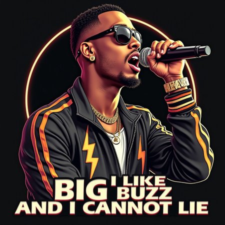 Movie poster featuring rapper singing into a microphone. Wearing gold jewelry and lightning bolt engraved track suit. Lightning bolt logos. Text on bottom of poster says says "I like big buzz and I cannot lie"