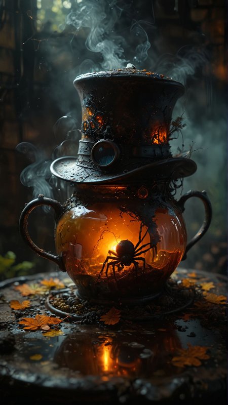 a putrid clockwork spider with a top hat askew and monocle fogged by the noxious fumes emanating from the churning, acidic depths of a rusty teapot that appears to be vomiting forth a murky broth., a colorful background, in the art style of dan mumford, magic card, by arthur adams, ign, mother earth, blacklight, interesting color use 
many details, extreme detailed, full of details,
Wide range of colors., Dramatic,Dynamic,Cinematic,Sharp details
Insane quality. Insane resolution. Insane details. Masterpiece. 32k resolution.
<lora:add-detail-xl:0.95> <lora:dvr-lnds-sdxl:0.3> dvr-lnds-sdxl <lora:MJ52:0.25> <lora:ral-apoctvisn-sdxl:0.3> ral-apoctvisn <lora:zavy-cntrst-sdxl:0.35> dark, chiaroscuro, low-key <lora:zavy-rmlght-sdxl:0.41> zavy-rmlght <lora:SDXLFaeTastic2400:0.225>