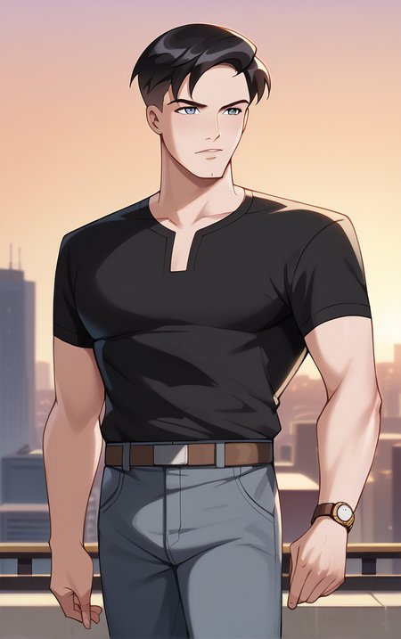 score_9, score_8_up, score_7_up, BREAK
BlackShirt_TerryMcGinnis_ownwaifu, 
1boy, black hair, grey eyes, short hair, bangs, 
black shirt, short sleeves, t-shirt, belt, brown belt, wristwatch, watch, grey pants, shirt tucked in, blue pants, belt buckle,
(contrapposto, hand on hip), sunset, sidelighting, cityscape, vanishing point, outdoors,  depth of field, solo,  
<lora:PONYXL_DC_BatManBeyond_TerryMcGinnis_ownwaifu_r1:0.7> , depth of field,