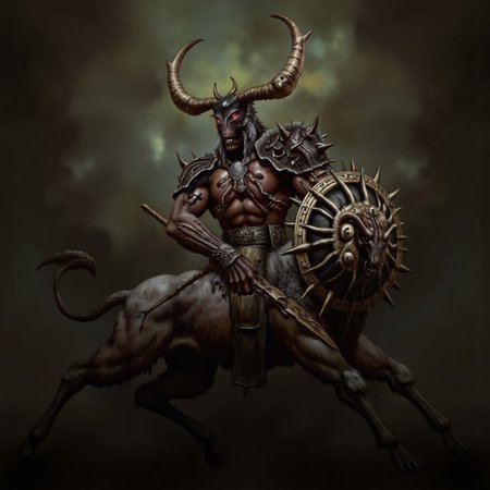 first person pov, 3D01S, simple background atmospheric and powerful dark fantasy, natural organic and first person pov of a berserk style 
 a fearsome centaur, Slaughtaur, a grotesque fusion of man and beast from the Hexen universe. The centaur has a hulking, muscular human torso that merges into a four-legged beastly lower body. Its upper body is covered in jagged, battle-worn armor, with broad spiked pauldrons curving outward like horns. Its helmet, sharp and angular, hides its face, but glowing red eyes peer through a skull-like visor. One arm wields a massive spiked shield with a grimacing demonic face, while the other clutches a brutal, notched sword, its edge dripping blood.
The Slaughtaur’s  centaur lower body is muscular and armored, with dark fur patches and metal plating that follow its powerful frame. Its legs end in clawed hooves, cracking the ground with every step. Jagged ridges run along its back, highlighting its predatory form. Scars cut across its torso, visible through the cracks in its armor. The circular, serrated shield looks like it could also serve as a deadly weapon, further emphasizing the Slaughtaur's terrifying presence.
UHD letterboxed game trailer frame chromatic aberration dark atmosphere sharp masterpiece with a focus on the character, elden ring style, dark atmosphere, chromatic aberration