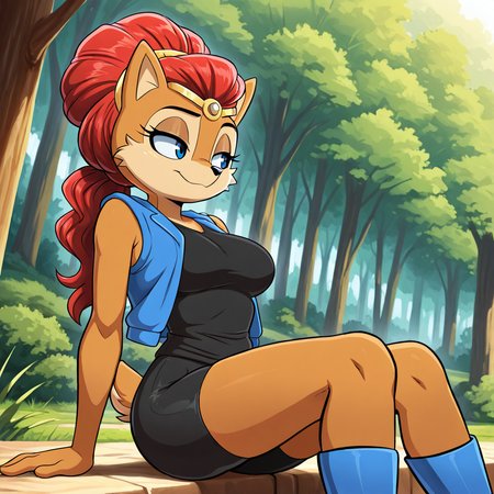 <lora:alicia_acorn_illustrious:1>, (masterpiece), (best quality), (ultra-detailed), amazing quality, very aesthetic, illustration, perfect composition, intricate details, absurdres, incredibly absurdres, aliciaacorn, aliciaacorn, 1girl, solo tiara, outdoors forest, ponytail, wearing black short sleeveless shirt, blue vest, black bike shorts, tail, , body fur, brown fur, two tone fur, red hair, blue eyes, furry female,  breasts, short tail, open vest, blue boots, sitting down,