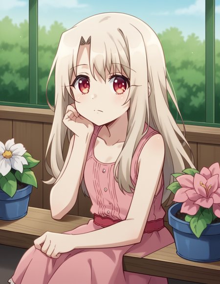 score_9, score_8_up, score_7_up, source_anime, <lora:illyasviel-von-einzbern-prisma-s2s3-ponyxl-lora-nochekaiser:1>,, illyasviel von einzbern, long hair, blonde hair, red eyes, parted bangs,, dress, collarbone, sleeveless, sleeveless dress, pink dress,, gardening, watering plants, backyard, flowers blooming, sunny day,, , looking at viewer, sitting, head rest, table,, solo,, cowboy shot, dutch angle