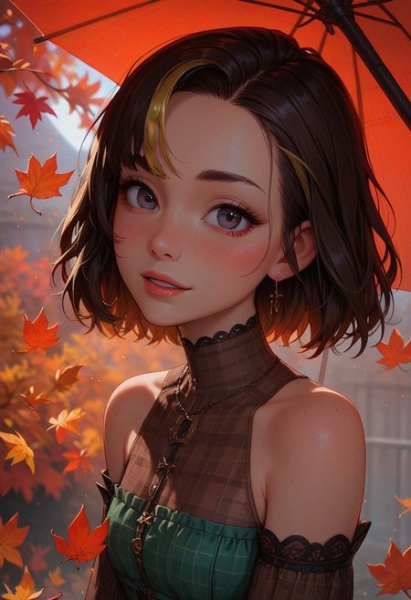 score_9, score_8_up, score_7_up, score_6_up, 
1girl, 25 years old, perfect face, looking at viewer, cute, petite, 
dark eyes, 
bob cut, inverted bob, streaked hair, brown hair, yellow hair,
plaid clothes, plaid dress, brown dress, green dress, strapless dress, off-shoulder dress,
umbrella, brown frilled umbrella, 
autumn, autumn leaves, 
blush, shy smile, 
portrait, face focus, detailed face,