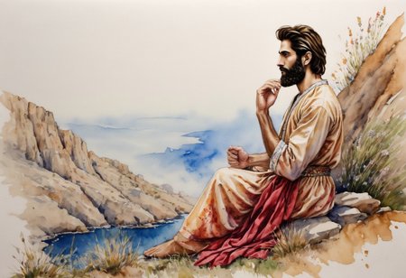 1boy, Cyrus the great, solo, Black pen painting style, sketch with watercolor, beauty, full body sketch, sitting on cliff, looking out the meadow, wearing a long dress, expressed with splashes of color.
The representation of the character's face is very delicate and realistic.