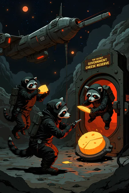 Deep inside a high-security lunar base, a group of mischievous raccoons in sleek black spacesuits execute the heist of the century. The leader, wearing a tiny earpiece, hovers weightlessly in zero gravity, using a laser cutter to breach the vault door marked "TOP SECRET: GOVERNMENT CHEESE RESERVE." Inside, wheels of glowing, radioactive moon cheese float in a protective anti-gravity field. One raccoon clings to the ceiling, holding a miniature grappling hook, while another types frantically on a holographic keypad, its tiny paws expertly bypassing the security protocols. Red alarm lights flash as a robotic security droneâshaped suspiciously like a stern-looking golden retrieverâdetects the breach and zooms toward them. The raccoonsâ eyes shine with excitement. The plan is insane, but the cheese is worth it.<lora:Semi-realisticPortraitPainting:0.4> <lora:Let_It_Blaze_in_Crimson_anime_v1.0:0.6>