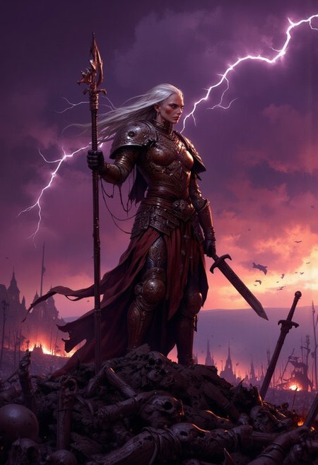 "in center of purple storm rain red lightinings, An elderly heroine clad in a worn, battle-scarred armor stands atop a pile of defeated enemies, gazing calmly at the distant horizon. Her long, gray hair flows in the wind, adding a sense of quiet resilience to her presence. Both hands rest firmly on the hilt of an aged and weathered sword planted into the ground.golden glow over the scene, highlighting the serenity in her gaze, which contrasts with the carnage below. The atmosphere is a mix of solemn victory and timeless strength, with muted tones of earthy browns, greys, and fiery oranges dominating the palette."