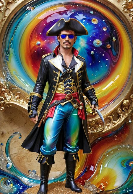 (Soft Lighting Photography ) BadDream, , epiCPhoto,
<lora:BadDream, epiCPhoto, Hyperrealism style, DV_Dolores_Vicious:0.8>, made out of,colorful,liquid,Murano Art Glass,
score_9, score_8_up, score_7_up, score_6_up, 
A mysteriously celestial pirate with transcendent qualities, the description portrays a surreal galactic pirate in a cartoon. Imagine a whimsical and vibrant painting depicting an otherworldly pirate sailing through the cosmos. With a spectral glow illuminating its every feature, the pirate's ethereal form exudes an intoxicating aura. Its iridescent space pirate outfit shimmers with cosmic colors, while its intricately designed star-shaped eyepatch accentuates its enigmatic allure. The image showcases incredible attention to detail, capturing the captivating essence of this extraordinary character in a mesmerizing and high-quality artistic creation.