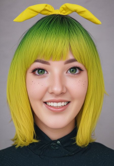 beautiful (banchan:2), big smile, Full Bangs, dark makeup, hyperdetailed photography, soft light, head and shoulders portrait, cover, freckles, (hair bow:0.8), (green hair:0.1), (yellow hair:0.4), (green eyes:1)