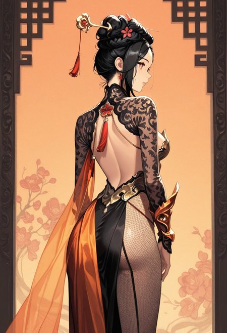 (score_9, score_8, score_7), masterwork, masterpiece, best quality, beautiful eyes, beautiful face, detailed eyes,detailed face, 1girl, guibin, red and gold korean-style dress, black lace mesh sleeves, exposed shoulders and back, gold metallic chest armor, high slit skirt, red ribbon and floral ornaments, golden waist armor, fishnet stockings, translucent orange back drape, sharp metallic cuffs and claw-like accents, high heels, tight-fitting silhouette, highly detailed fabric texture,