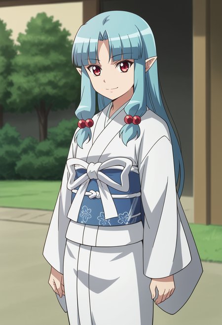 <lora:Kiriha_Obina-Tsugumomo:0.8>,1girl,solo,Kiriha Obina,pointy ears,long hair,blue hair,red eyes,bangs,anime coloring,hair ornament,hair bobbles,white kimono,sash,obi,standing, cowboy shot, looking at viewer, smile,outdoors