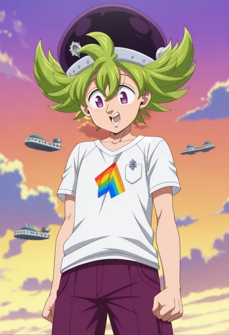 masterpiece, best quality, anime screencap, official style, anime coloring, cowboy shot, 1boy, solo, male focus, <lora:percival_nnt_mny_ilxl:1>, percival_nnt_mny, green hair, purple eyes, spiked hair, hair between eyes, bangs, , cloud city, floating platforms, rainbow bridges, airships, looking down, vertigo angle, excited expression, Joggers, Pocket T-shirt, , Beret, and