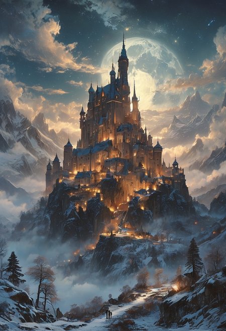 A captivating night scene illustration featuring a grand yet comfortable fortified castle  standing tall on a rocky and snowy mountain. The castle, adorned with multiple windows, emits a warm glow, highlighting its intricate architecture and rich history. The snow mountain is covered in great pine trees, reflecting on the calm, moonlit snow  that mirrors the silvery moonlight. The full moon graces the sky, casting an ethereal glow on the clouds and mountain, while wispy clouds partially obscure its brilliance, adding to the scene's mystique. Twinkling stars dot the sky, creating a celestial tapestry that harmonizes with the moon's radiance. This enchanting artwork captures a serene and peaceful night, where the illuminated castle  stands resolute amidst the celestial beauty, creating a cinematic experience., illustration, cinematic
<lora:DonM3t3rn1tyXL-v1.1:0.7>, DonM3t3rn1tyXL,
OverallDetailXL  <lora:MJ52:0.3>  <lora:SDXLFaeTastic2400:0.4>  <lora:EpicF4nta5yXL:0.7>