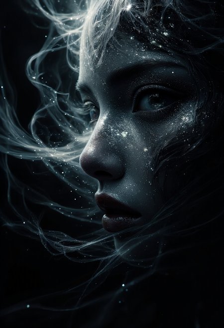 a dipiction of a hantu iban, (disintegrating and dissolving into swirling lines of fogg, smoke and particles:1.3) blending with the black background, blending form with reality. Framed in thick volumetric fog. diffused light, delicatly, whispering, eye catching masterpiece artwork. drifting fog, cracked light and smokey haze in floating threads finishes the dreamlike reality.