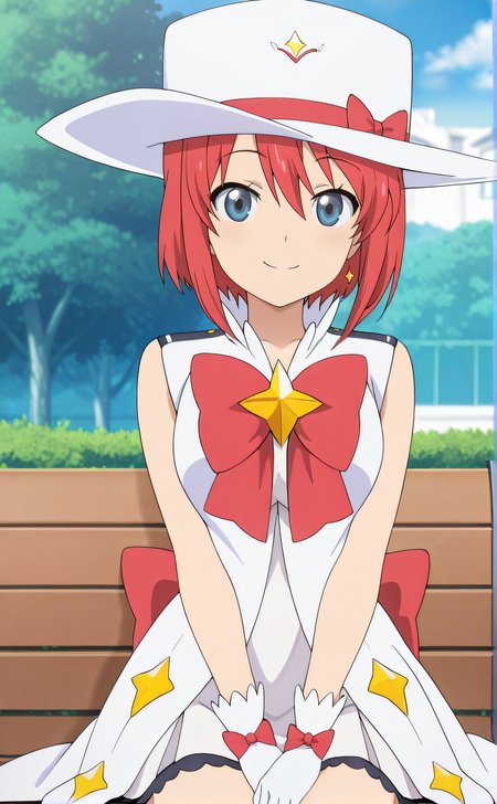 masterpiece, best quality, highres, newest, 1girl, solo, official style, anime screencap, <lora:Magical_Girl_Outfit:1>, houkagogirl, magical girl, red bow, white hat, red hair, short hair, blue eyes, looking at viewer, smile, outdoor, cowboy shot, sitting on bench, medium breasts