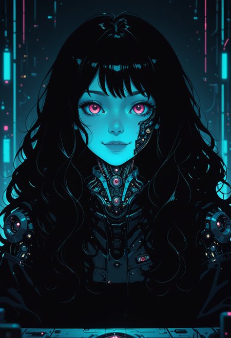 <lora:ck-nc-cyberpunk-IL-000011:1>,  masterpiece, best quality, good quality, very aesthetic, absurdres, newest, 8K, depth of field, focused subject, 1girl, portrait, long hair, wavy hair cascading around her face, smile, Subtle mechanical features are integrated into her face and neck, blending seamlessly with her natural beauty, sitting, chiaroscuro style, extreme contrast between light and shadow, creating a dramatic moody effect, futuristic glow. The contrast of neon pink and black enhances the surreal atmosphere, blending organic beauty with mechanical details for a striking cybernetic aesthetic, dynamic angle, in the style of cknc
<lora:MoriiMee_Gothic_Niji_Style_Illustrious_r1:0.4>