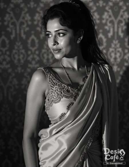 vintage still from black and white noir film photo of Sonarika Bhadoria woman, hyper realistic photo that is safe for work, shouting, studio quality image, well dressed wearing intricate sleevelessIndo-Western Gown, hair styled as high ponytail,muted shaded wallpaper background that contrasts with the person, cinematic lighting,âââââ <lora:Sonarika_Bhadoria_Flux_Kohya_V1-000002:0.8>âââ