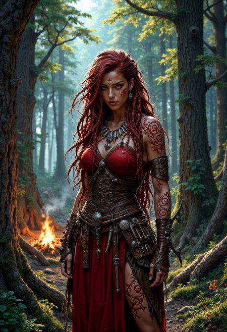 strong and curvy barbarian woman standing in a dense, mystical forest. She has very long, dark red hair with a mix of dreadlocks and braids, flowing down her back, adding to her wild and untamed appearance. Her attire consists of worn, weathered leather over a red dress, suggesting years of rugged survival, with tribal elements made from bones and furs. Her physique is decorated with intricate red spiral tattoos covering her arms and torso. The forest around her is rich with towering trees, with dappled sunlight filtering through the leaves, casting a eerie and magical glow, while shadows create a sense of depth and mystery. In the background there is a sizzling, glowing campfire with mystic smoke.
