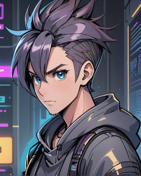anime style, Dreamy 1boy, man, natural colored eyes, Mohawk with braided sides hairstyle, dynamic pose, <lora:EnvyCharacterPortraitHelperXL01:0.8>, BREAK portrait, looking away, solo,  upper body, detailed background, detailed face, (<lora:DonMC0sm1cW3bXL:0.4>  web,  astral plain, DonMC0sm1cW3bXL theme:1.1), evil high-tech futuristic hacker, sly smirk, advanced technology, hoodie, techwear,  augmented reality interface, cables, (holographic display:1.05), error message, barcode, computer, cryptography, ,  screens in background,  subterfuge, dark sinister atmosphere,