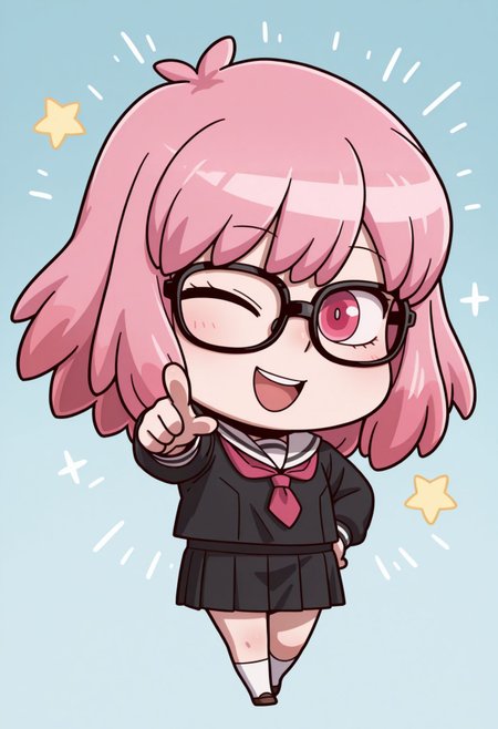 masterpiece,best quality,absurdres,highres,very aesthetic,high quality,detailed,insanely detailed,beautiful,perfect lighting, looking at viewer, looking at viewer, smile,
hand on hips, pointing at viewer, smile, open mouth, light blue background, star symbol, one eye closed, very awa
<lora:FGO_April_Fool:1> april fools, chibi, 
 <lora:Pop Step v2 illu:1> pink hair, glasses, solo, school uniform, skirt, socks, medium hair, black-framed eyewear, black skirt, pink eyes, white socks, black shirt, serafuku, pink eyes, shirt