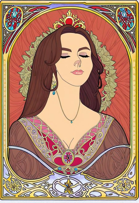 tarot card of the high priestess representing a clearly distinguishable Ava Addams , avall, brown hair, jewelry, medieval drawing, jimf, 1girl, goddess, stylized,  art nouveau, celtic ornamental intuitive, unconscious, divine feminine, frame, masterpiece, great art, high quality, best quality, minimalisme, 8k, few colors,