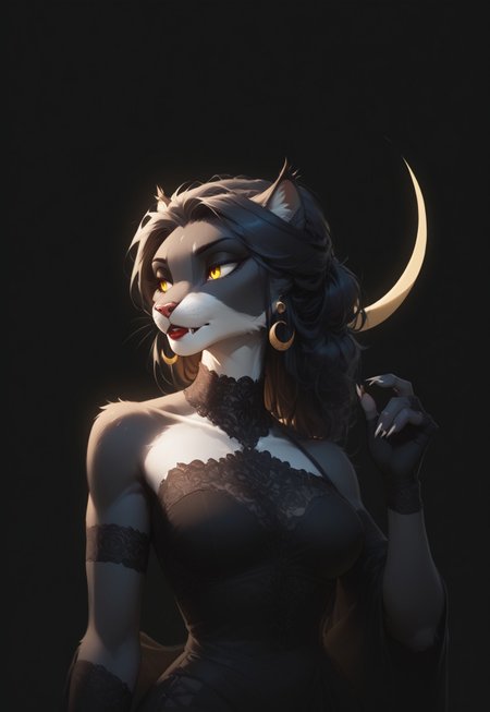 (Blend_in, black background), score_9, score_8_up, score_7_up, (high contrast, sidelightning, upper body), beautiful, 1girl, solo, Ember (ESO), Feline, Furry, Anthro, black and white fur, yellow eyes, crescent moon earrings, lace choker band, matte red lips, black evening dress, lace-trimmed fingerless elbow gloves, black clothes, bare shoulders, looking away, hand up, sharp nails