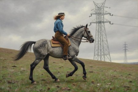 hansandersenbrendekilde1 painting. A woman, shown in side profile, is riding a gray speckled horse downhill. The rider is wearing a blue jacket and brown pants. The horse's mane and tail are flowing as it moves forward. In the background are tall white power lines and a transmission tower against a cloudy sky <lora:hansandersenbrendekilde1_cap_d8a4e11:1.0><lora:855161812843245886:0>
