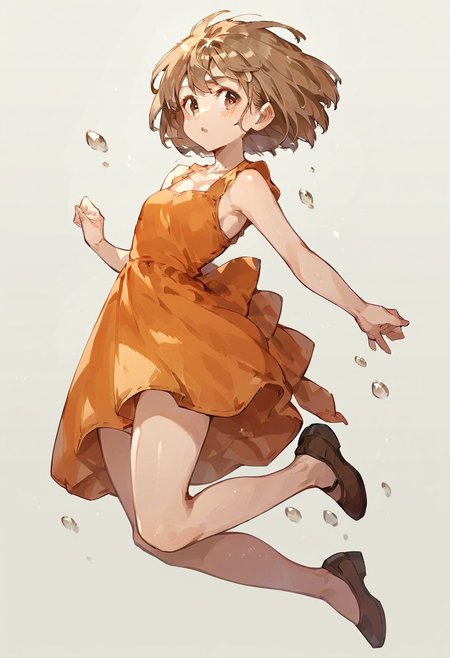 score_9, score_8_up, score_7_up, score_6_up, score_5_up,  <lora:jumpXLP:0.7> jump, jumping, 1girl, simple orange dress, brown short hair, light brown eyes,