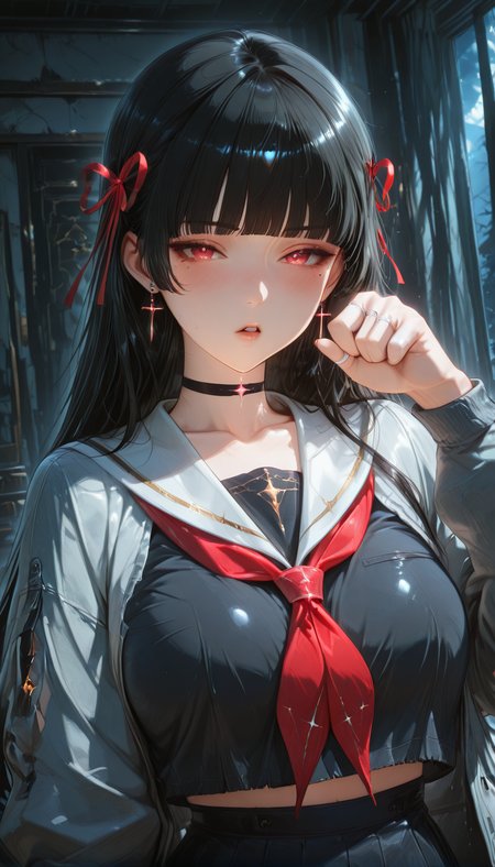 <lora:LCMTurboMix_Euler_A_fix:1> <lora:example_SDXL:0.3>, EZRealPONYXL, <lora:Dramatic Lighting Slider:3> <lora:realistic filter [IL]:1>
DSLR,realistic,cosplay photo, (very awa,masterpiece,best quality,year 2024,newest,absurdres,highres:1), realistic,skin texture,facial features, photography shot with Canon EOS 5D Mark IV , realistic, RAW, best quality, masterpiece, amazing quality, skin details,
1girl, highly detailed beautiful face, large natural breasts,
detailed background, shiny skin, dutch angle, night, moonlight,
beautiful detailed eyes, intricate details, absurdres, anime screencap,
 <lora:Chisa_WWave_ILXL_kill0825:1>
WWChisa, long hair, breasts, black hair, red eyes, hair ribbon, earrings, parted lips, mole, red ribbon, mole under eye, black choker, cross, hime cut, cross earrings, latin cross, blunt bangs, straight hair,
shirt, skirt, long sleeves, ribbon, jewelry, jacket, school uniform, collarbone, earrings, pleated skirt, open clothes, serafuku, black skirt, sailor collar, open jacket, red ribbon, black shirt, neckerchief, thigh strap, black choker, ring, cross, red neckerchief, white sailor collar, black serafuku, grey jacket, midriff peek, multiple rings, necktie, miniskirt, crop top, high-waist skirt, crop top overhang, 
blush, looking_at_viewer, paw pose, half-closed eyes, open mouth, embarrassed, open mouth, upper body, indoors, bedroom,