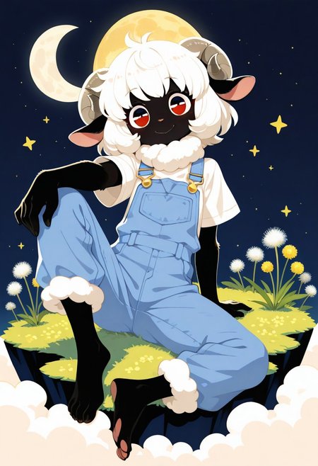 1 girl , sheep girl , anthro , furry , black skin , white wool , neck wool , overall , cute , smile , fluffy hair , big eye , short sleeves , dandelion meadow, barefoot , looking at viewer , moon , star , one knee up , out stretched leg , 
masterpiece, best quality ,amazing quality ,haiz_ai , no lineart ,no outline, vfaix,