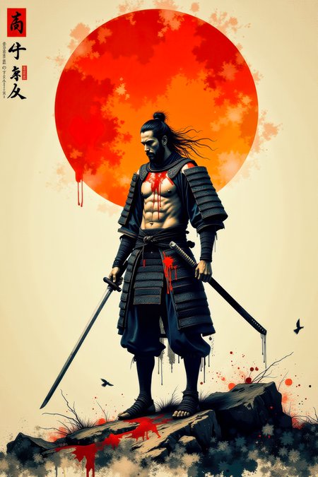 A minimal traditional japanese ink painting of the last weary Japanese samurai standing alone after an intense battle.   He wears no armor nor any helmet. He holds his sword in hand.  He is battered, bruised, and bleeds from several minor wounds.  He is weary, disgusted, disheartened, and saddened at the lives that were lost.  An orange rising sun hangs in sky behind him.  This is a full frame body shot, from head to feet, providing a environmental wide angle view of the entire body.  Intricate details, masterpiece, best quality.  Soft volumetric lighting.  <flux_realism_lora:0.42> <FluxDFaeTasticDetails:0.36> <BaroqueColorful:0.48>