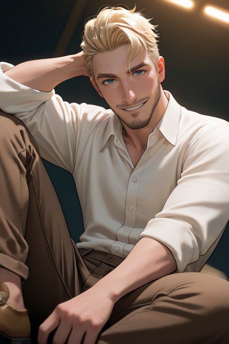 best quality, amazing quality, very aesthetic, absurdres, newest, dynamic angle, intricately detailed illustration, depth of field, masterpiece, volumetric lighting, expressive, dynamic action, masterpiece, perfect, clean detail, clean lines, smooth shading, 
BREAK, simple background, smiling, looking at viewer, casual pose,
BREAK, 1boy, male focus, solo,coralscott,blonde hair,short hair,blue eyes,facial hair, white collared shirt, rolled-up_sleeves, brown pants, brown shoes