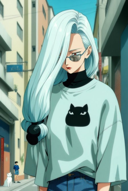 1girl, mei mei \(jujutsu kaisen\), jujutsu kaisen , (90s anime style:1.5), front view, outdoors, street view, (looking down:1.3), perfecteyes, shirt, denim shorts, (a single white cat sitting next to them) <lora:detailed_notrigger:1> <lora:ParchartXL_CODA:0.2> <lora:Isometric Cutaway:1> <lora:PerfectEyesXL:1> <lora:Surreal Harmony:0.2>