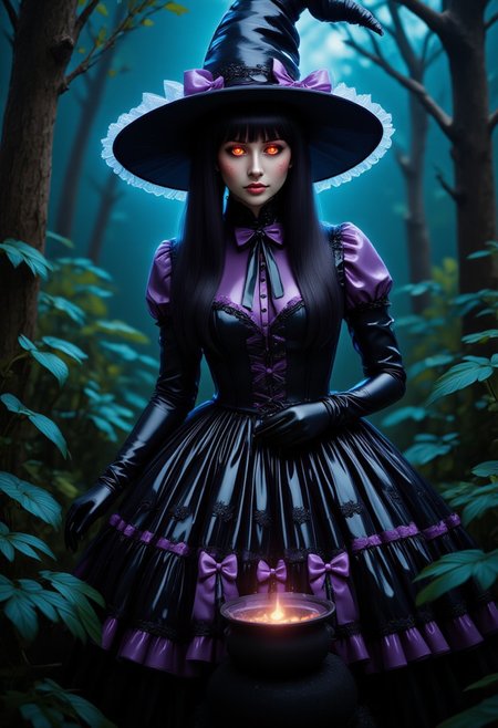 Professional cinematic highly detailed, CGI-rendered digital artwork depicting a beautiful witch wearing glossy frilly padded latex dress decorated with many bows and frills. Her long straight dark hair is decorated with many bows and witch themed accessories and she is wearing a large pointy witch hat. She is also wearing long latex gloves. She is standing next to a cauldron in a dark forest and staring at the viewer with C0NTR4CT0R eyes.
sweetegl, sweetop, swe3tjsk, bl0use, C0NTR4CT0R,
witch, (latex:1.2), gothic, night, glossy, shiny gleaming oily fabric, dark forest, witch cauldron, dark fantasy,
(shiny glossy latex clothing, gleaming oily latex fabric:1.1)